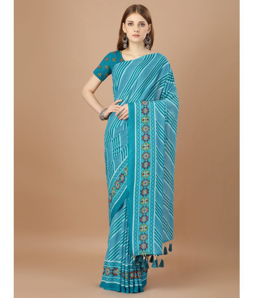     			Rekha Maniyar Fashions Georgette Striped Saree With Blouse Piece - Blue ( Pack of 1 )