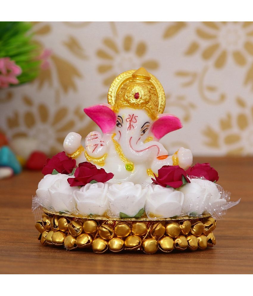     			eCraftIndia White & Gold-Toned Handcrafted Lord Ganesha Idol on Decorated Plate Showpiece