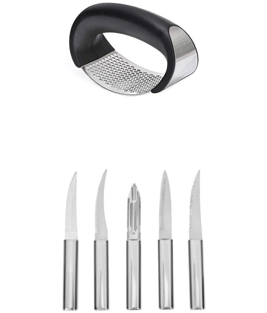     			Analog Kitchenware Silver Stainless Steel Ginger/Garlic Presser And Kitchen Knife Set ( Set of 6 )