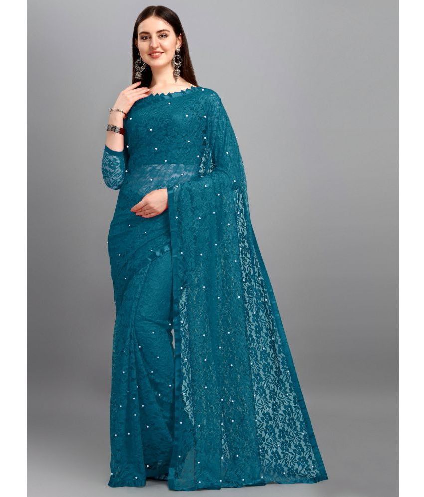     			Indy Bliss Net Self Design Saree With Blouse Piece - Teal ( Pack of 1 )