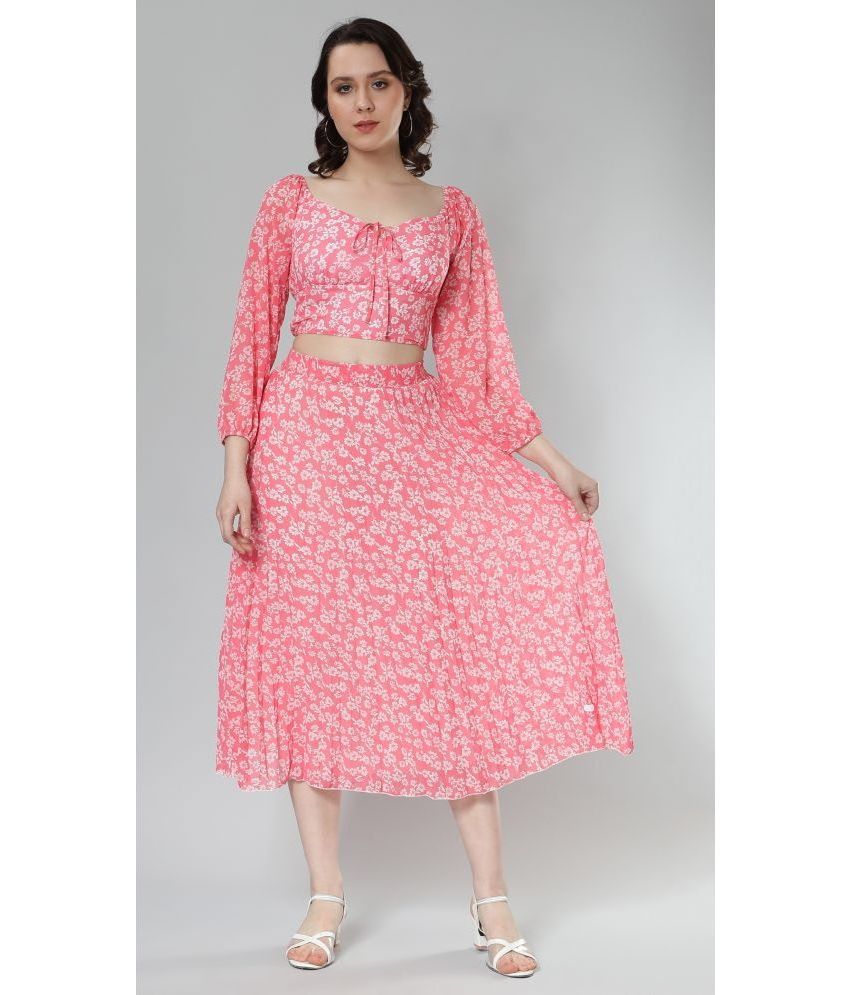     			Pink Floral Printed Balloon Sleeves Top & Pleated Skirt Co-ord Set