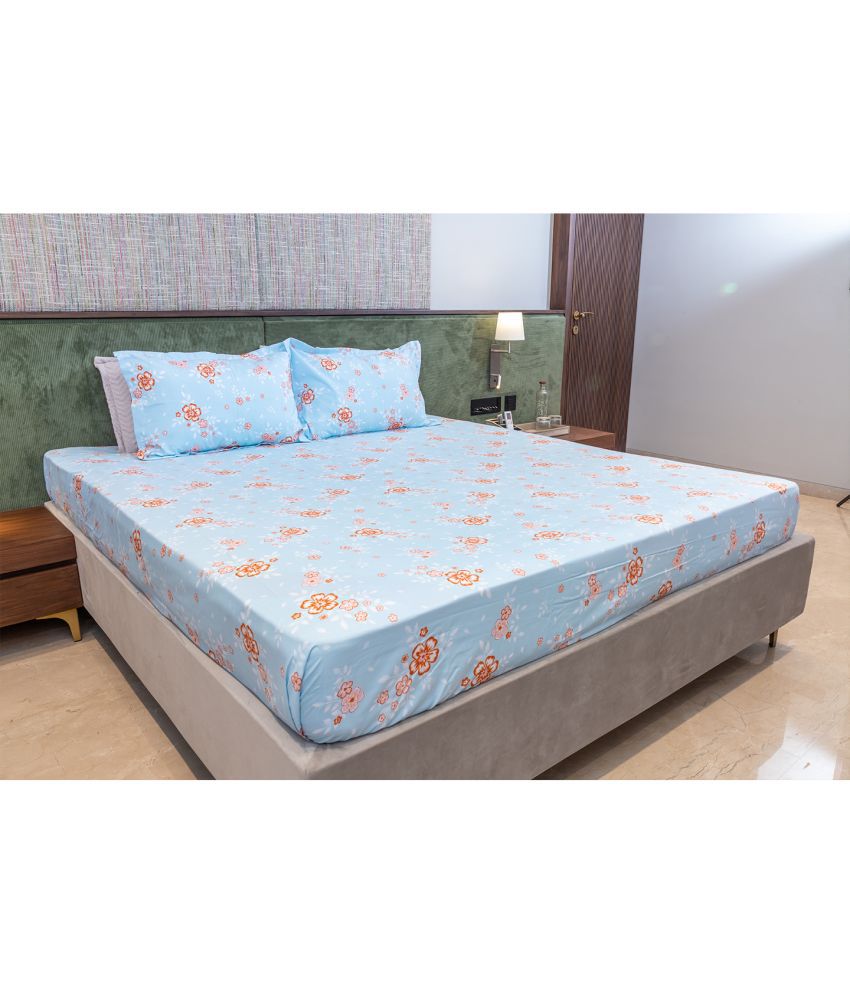     			CHANN STUDIO Microfibre Floral Fitted 1 Bedsheet with 2 Pillow Covers ( Queen Size ) - Blue