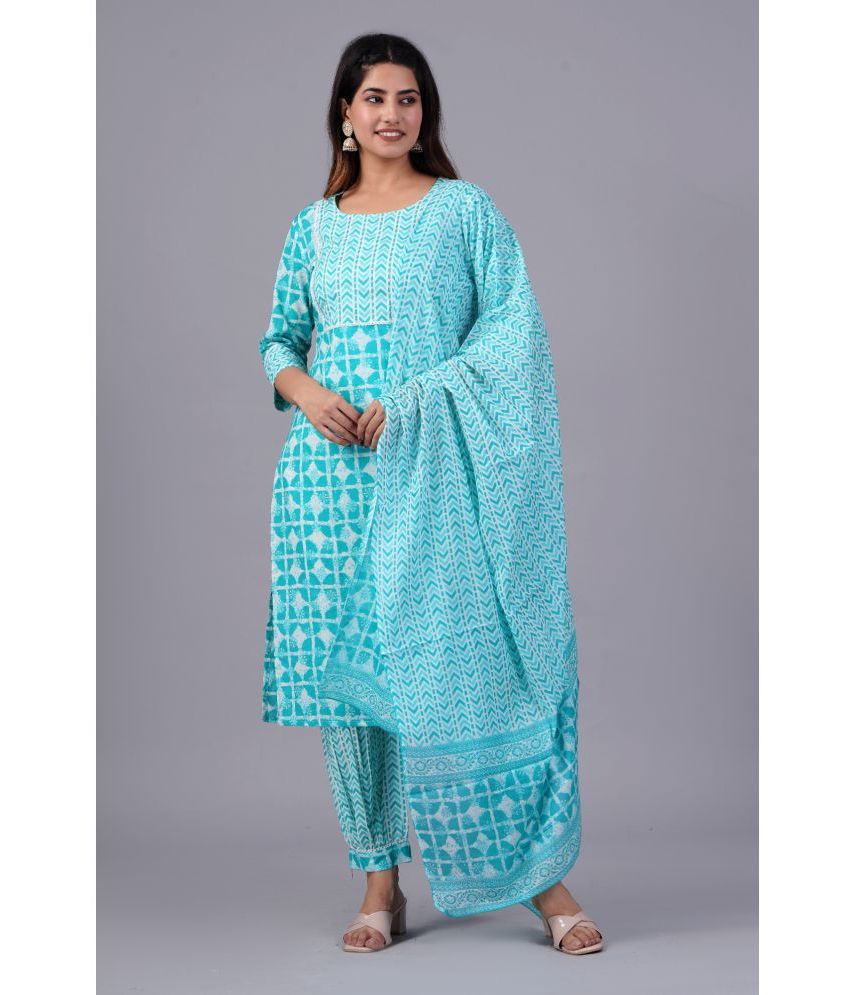     			Mishree Collection Cotton Printed Kurti With Pants Women's Stitched Salwar Suit - Turquoise ( Pack of 1 )