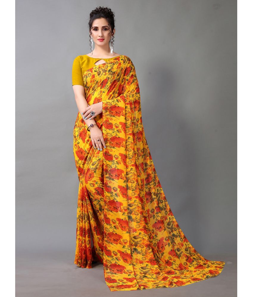     			Aarrah Georgette Printed Saree With Blouse Piece - Yellow ( Pack of 1 )