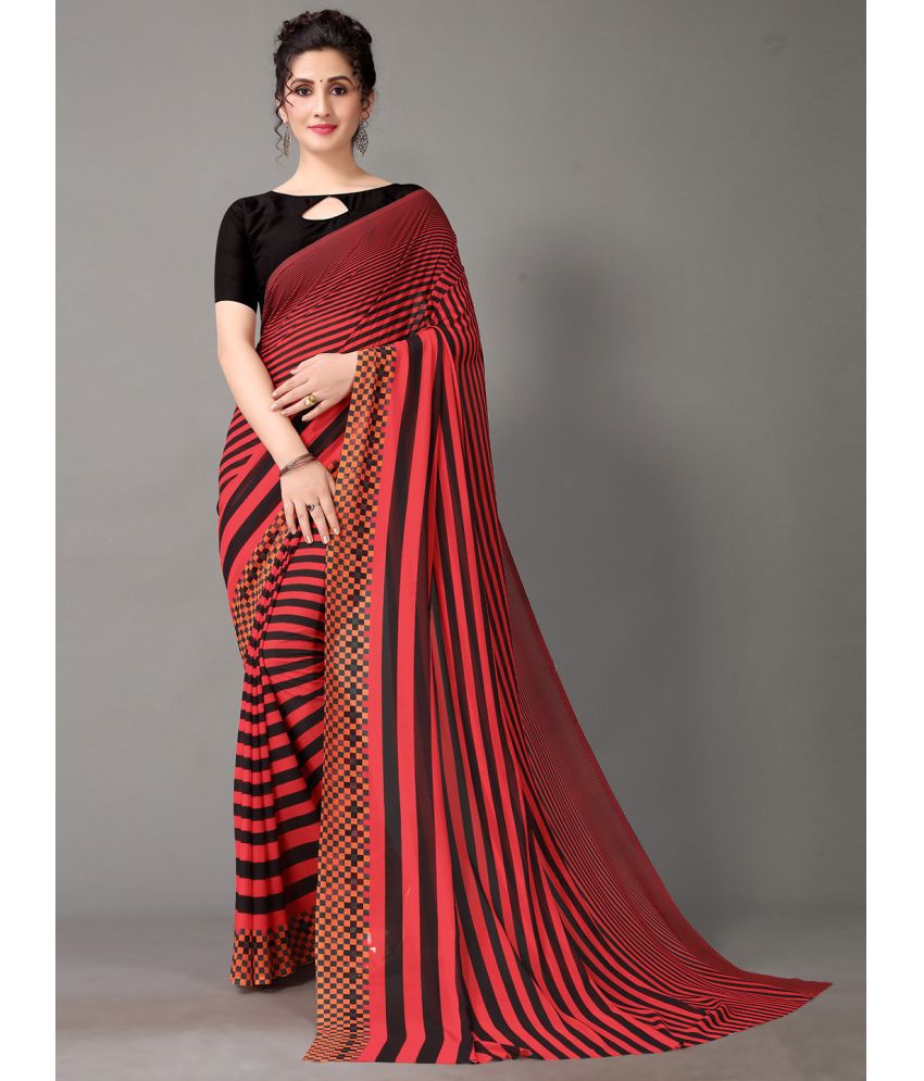     			Aarrah Georgette Striped Saree With Blouse Piece - Red ( Pack of 1 )