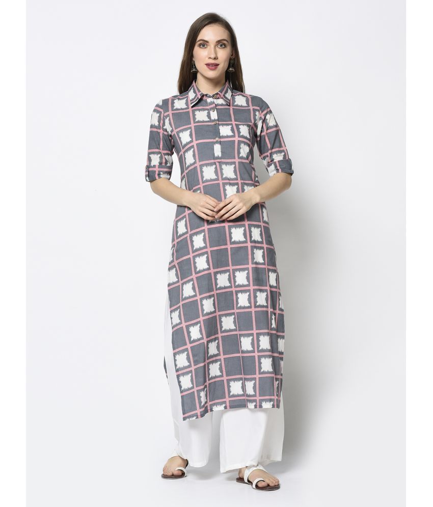     			Antaran Cotton Checks Straight Women's Kurti - Grey ( Pack of 1 )