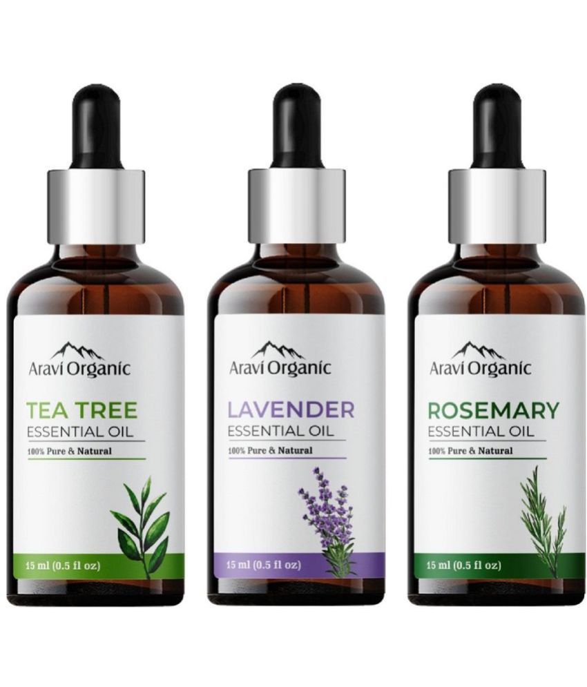     			Aravi Organic Rosemary,Lavender & Tea Tree Essential Oil Combo-100% Pure Therapeutic Grade Aromatherapy Oil for Skin, Hair, & Face - Natural Refreshing Scent-Pack Of 3 - 15 ml