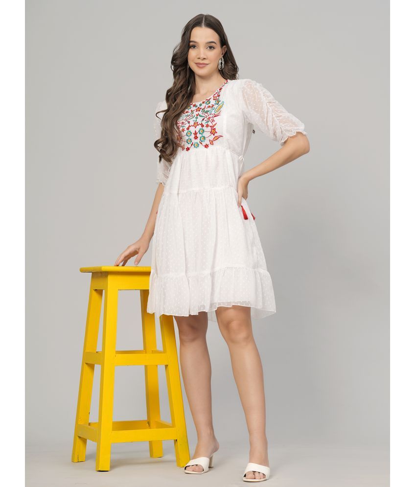     			JC4U Crepe Embroidered Knee Length Women's Fit & Flare Dress - White ( Pack of 1 )