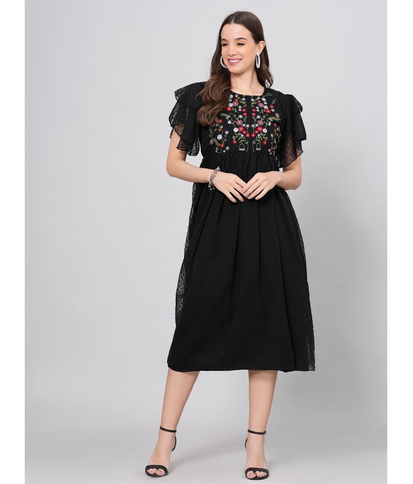     			JC4U Crepe Embroidered Midi Women's Fit & Flare Dress - Black ( Pack of 1 )