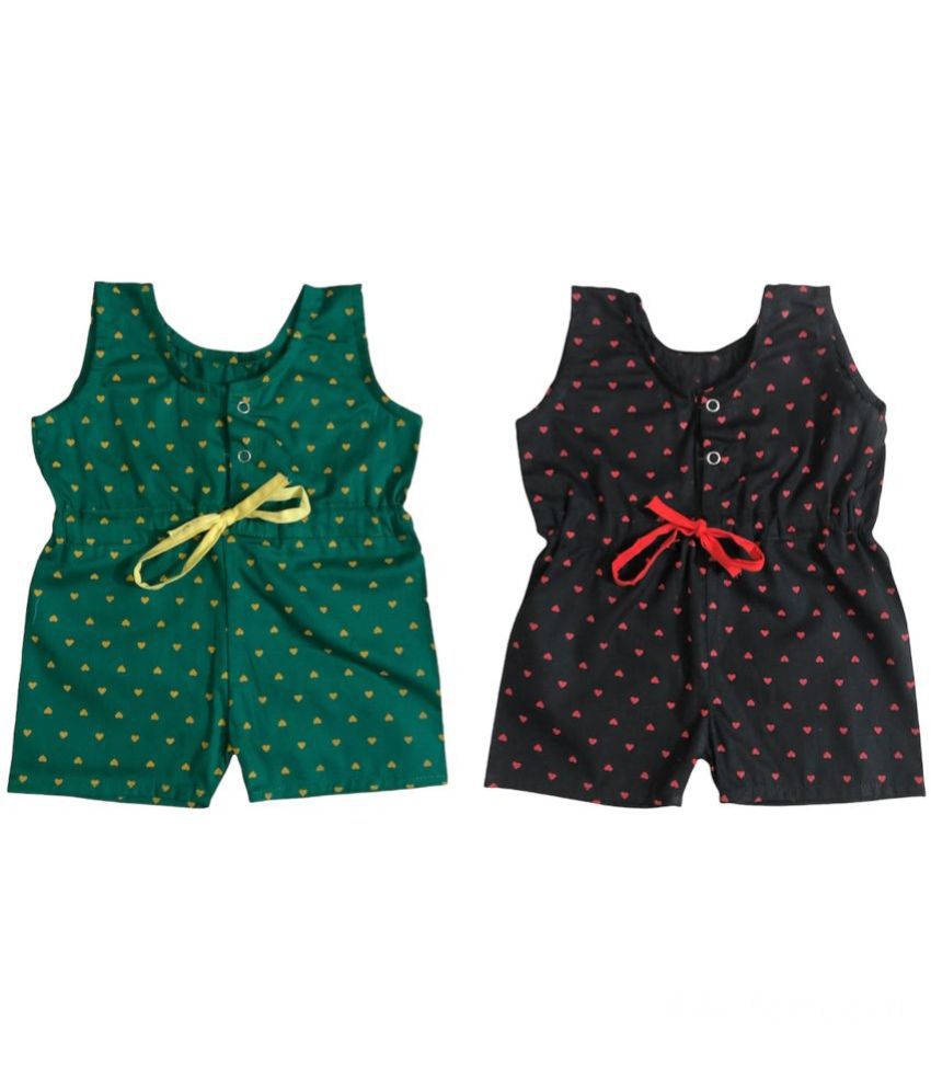     			The Creators Black & Green Cotton Rompers For Unisex ( Pack of 2 )