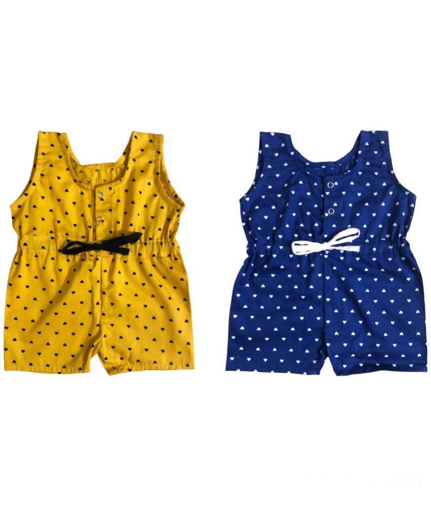     			The Creators Blue & Yellow Cotton Rompers For Unisex ( Pack of 2 )