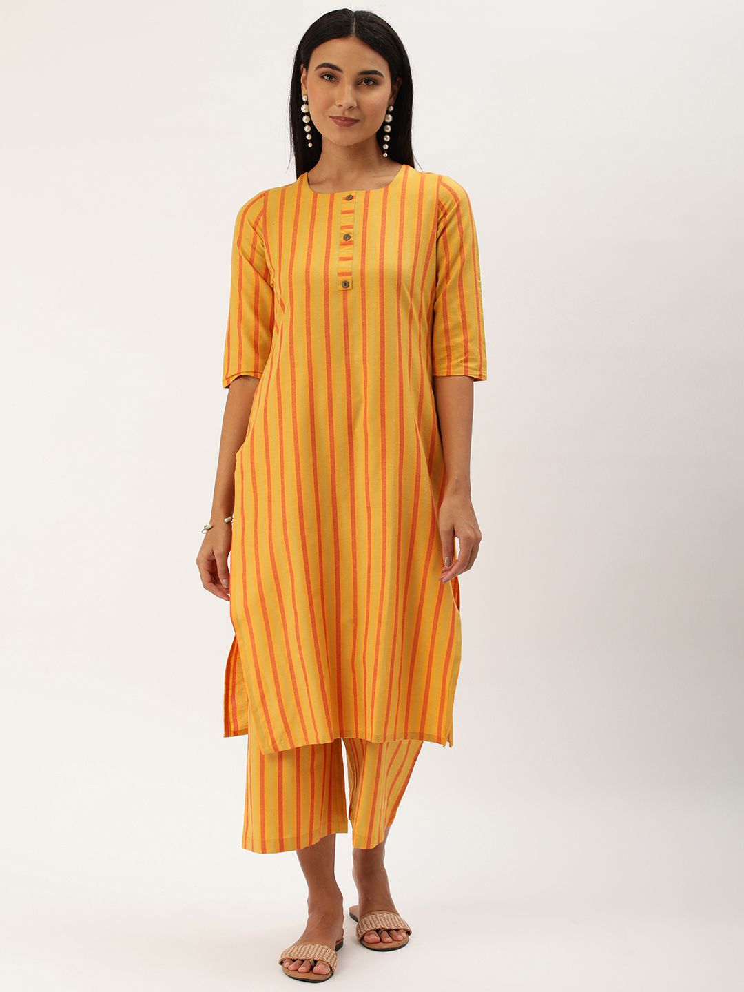     			Aarrah Cotton Striped Kurti With Pants Women's Stitched Salwar Suit - Yellow ( Pack of 1 )