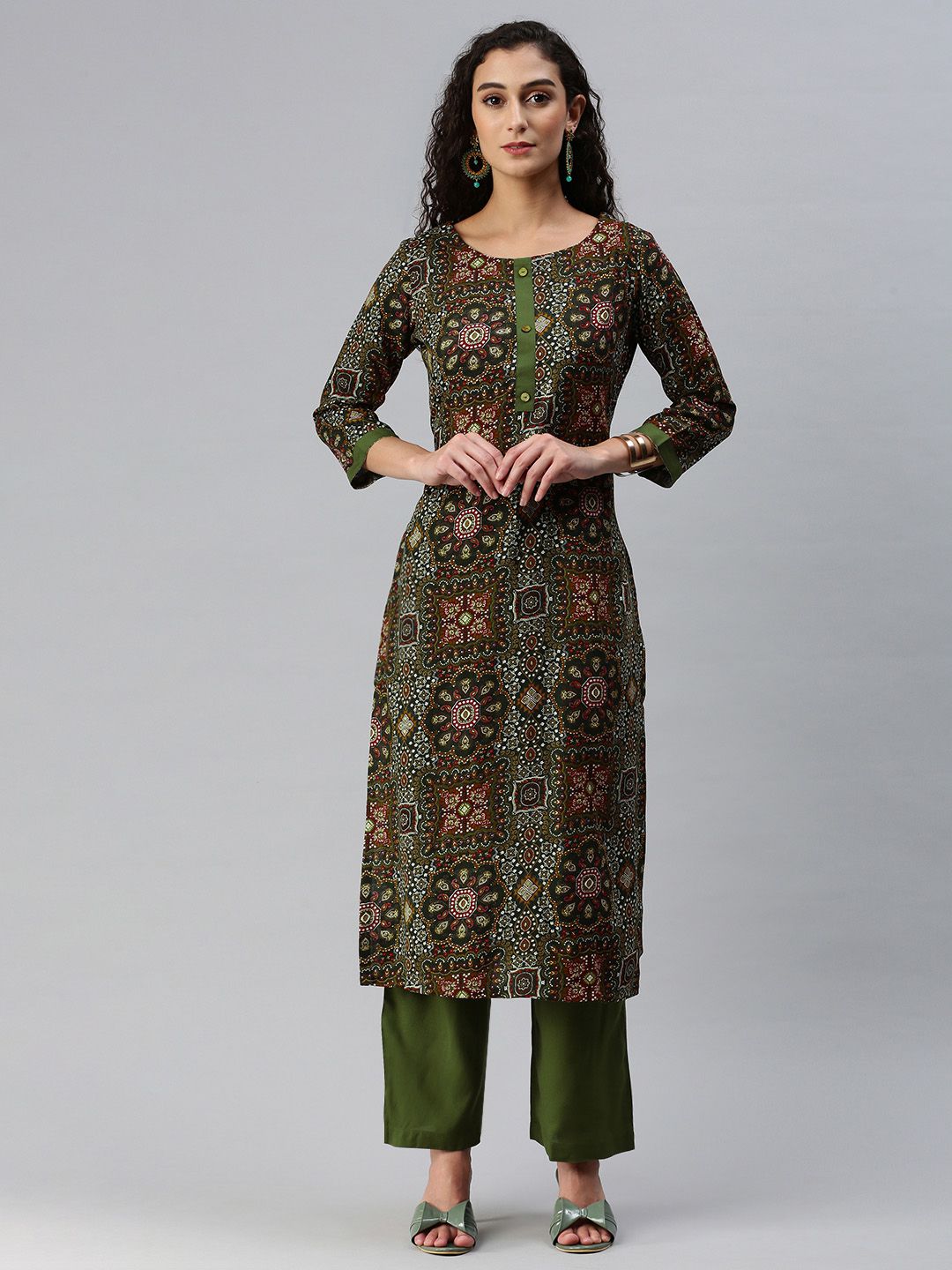     			Aarrah Rayon Printed Kurti With Pants Women's Stitched Salwar Suit - Green ( Pack of 1 )