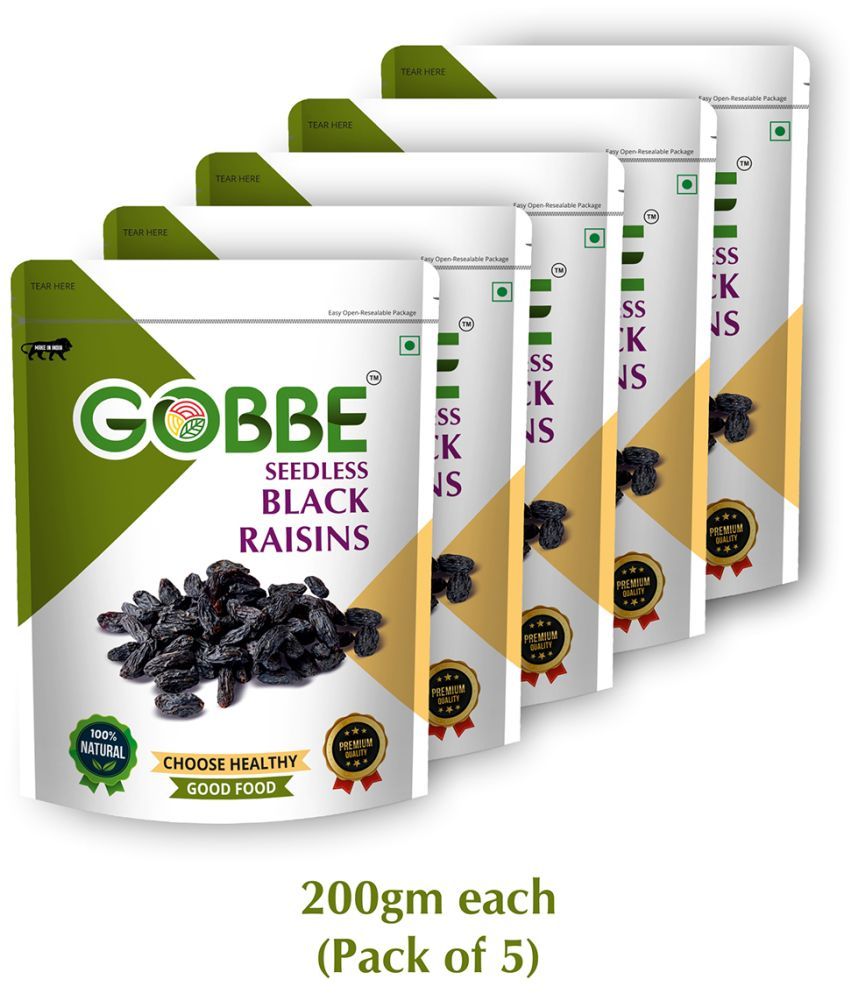     			GOBBE Premium Black Raisins 1Kg (200*5) | Kali Kishmish | Seedless Black Raisins | Dry Fruits | Healthy and Tasty Snacks (Pack of 5)