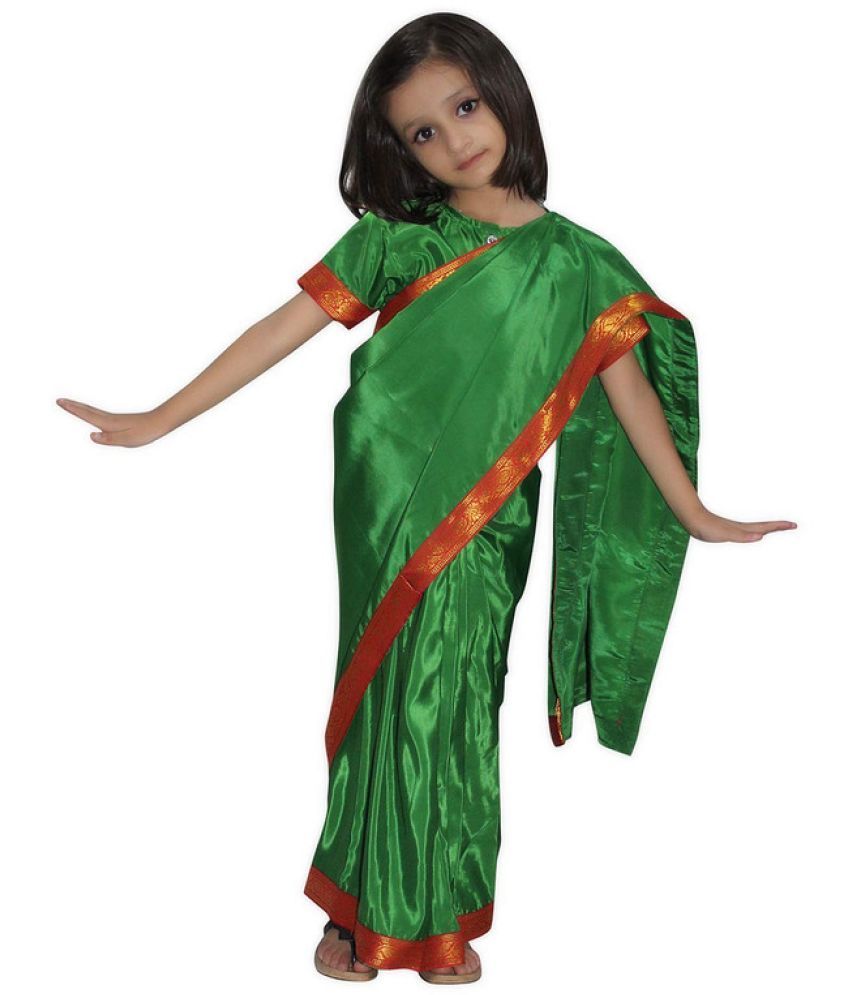     			Kaku Fancy Dresses Indian Wear Pre-Stiched Saree With Blouse -Green, 7-8 Years, For Girls