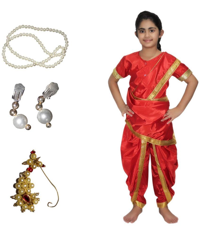     			Kaku Fancy Dresses Marathi Girl Lavni Folk Dance Costume with Jewellery for Kids - Red, 3-4 Years