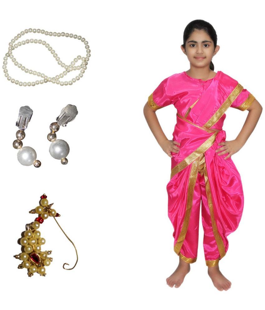     			Kaku Fancy Dresses Marathi Girl Lavni Folk Dance Costume with Jewellery for Kids - Magenta, 5-6 Years