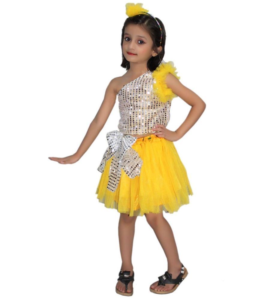     			Kaku Fancy Dresses Western Dance Dress Skirt Top Costume Set -Yellow-Silver, 3-4 Years, For Girls