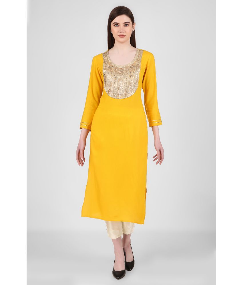     			ravishree Rayon Embellished Straight Women's Kurti - Mustard ( Pack of 1 )