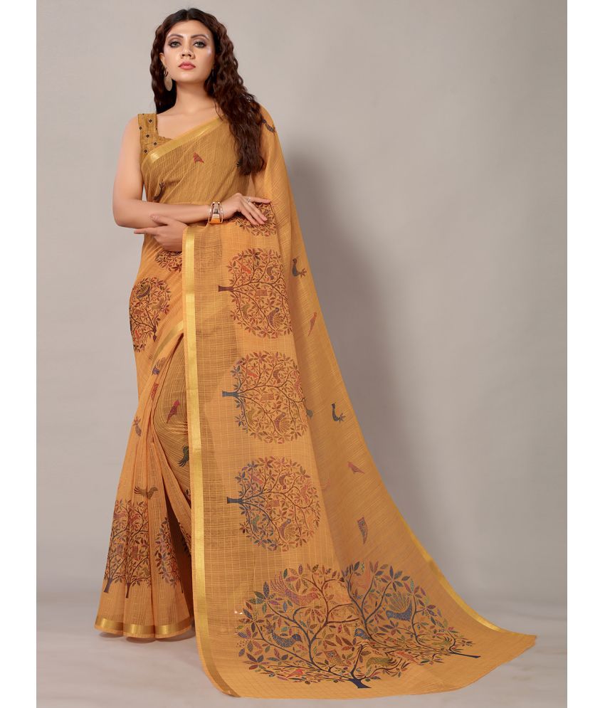     			Aarrah Art Silk Printed Saree With Blouse Piece - Mustard ( Pack of 1 )