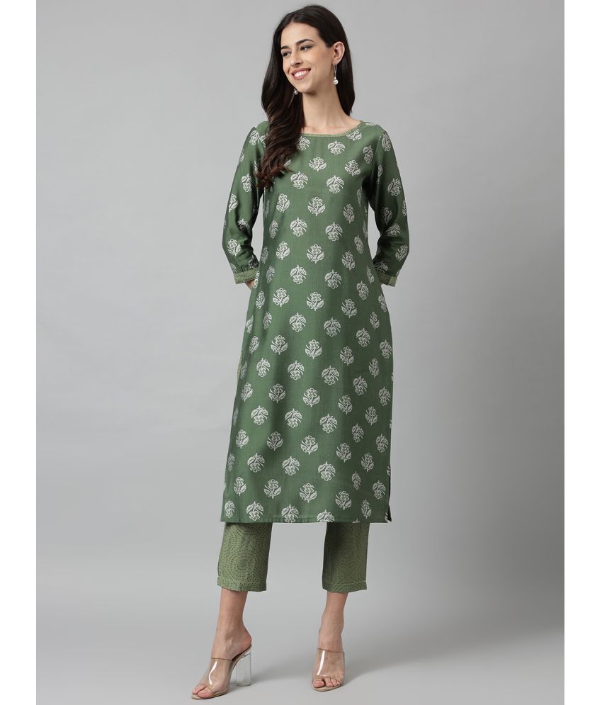     			Aarrah Chanderi Self Design Kurti With Pants Women's Stitched Salwar Suit - Green ( Pack of 2 )