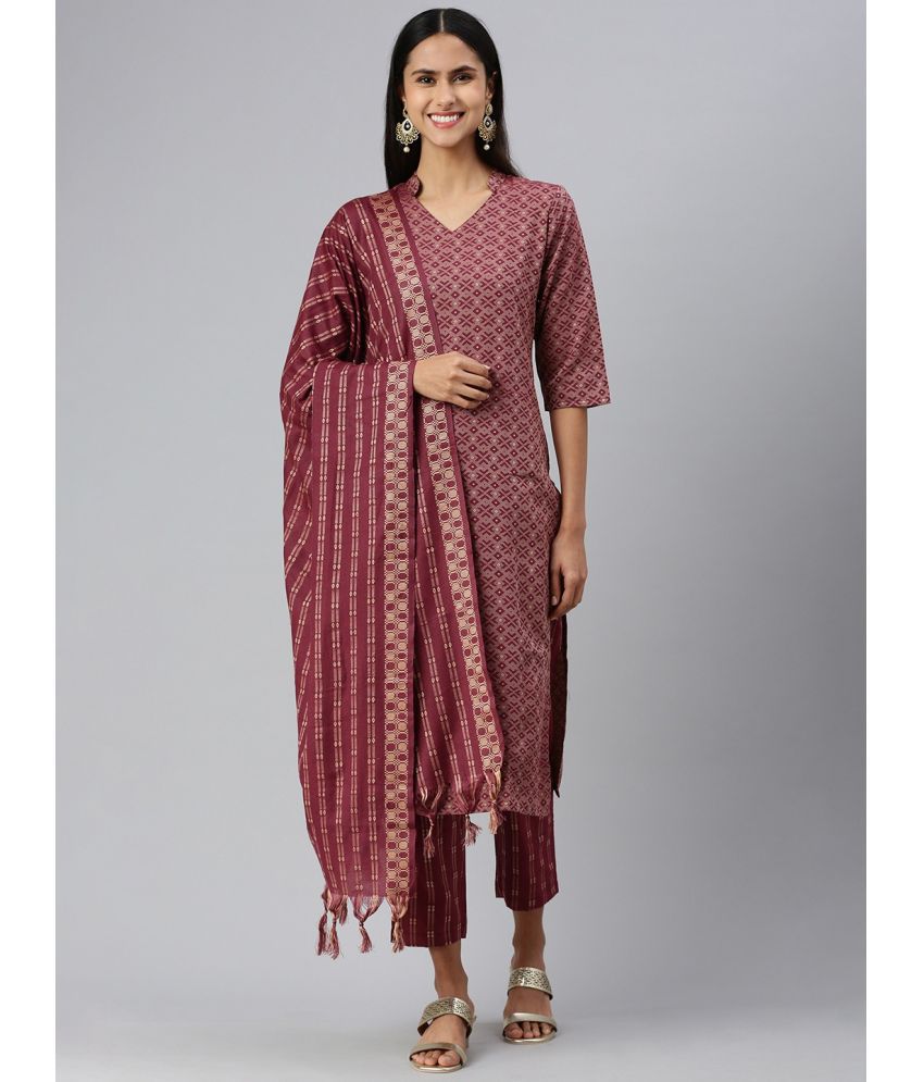     			Aarrah Cotton Blend Self Design Kurti With Salwar Women's Stitched Salwar Suit - Maroon ( Pack of 3 )