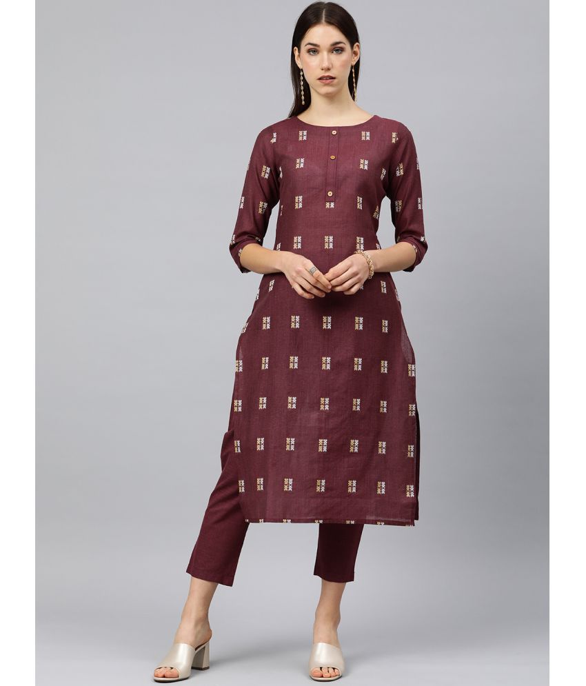     			Aarrah Cotton Blend Self Design Kurti With Pants Women's Stitched Salwar Suit - Maroon ( Pack of 2 )