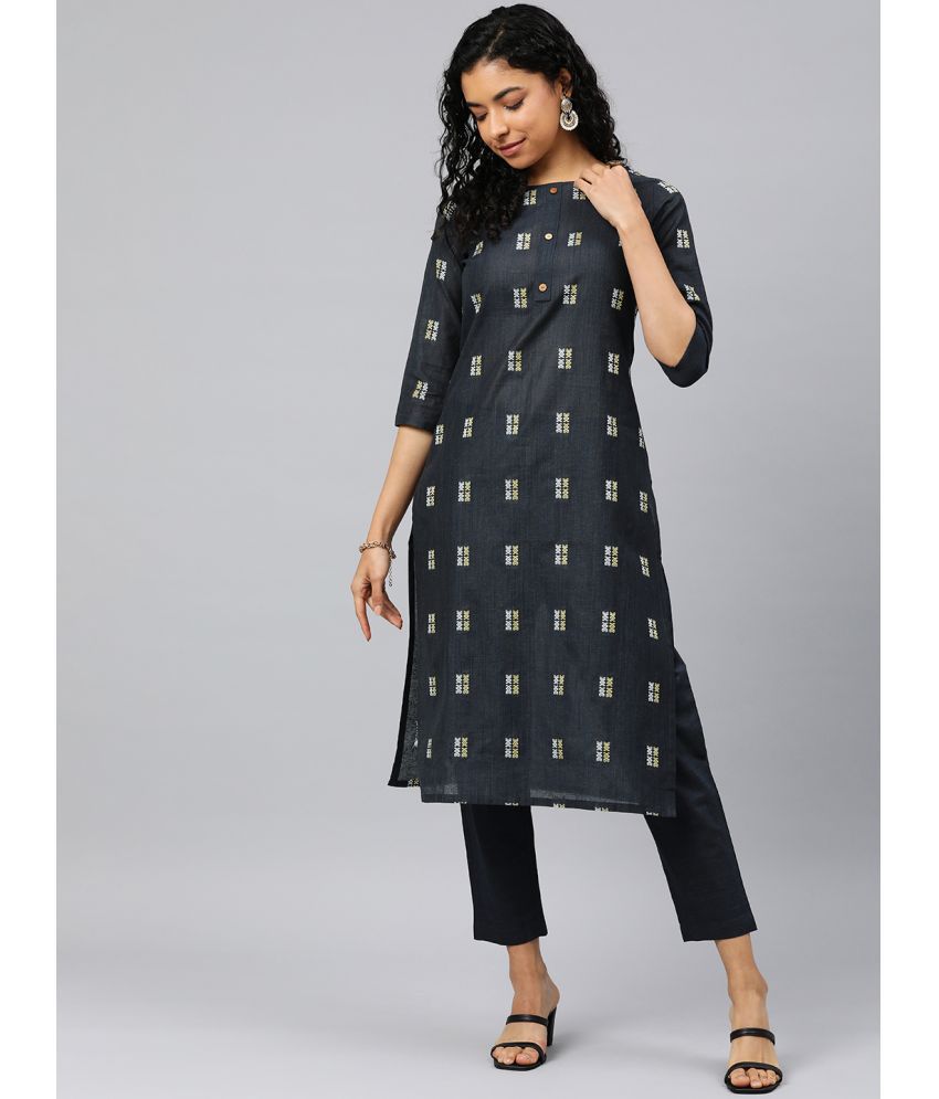     			Aarrah Cotton Blend Self Design Kurti With Pants Women's Stitched Salwar Suit - Navy ( Pack of 2 )