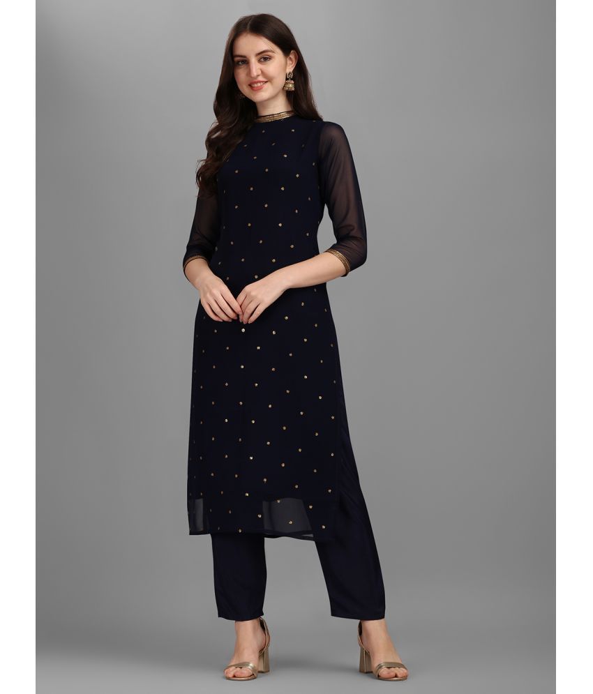     			Aarrah Georgette Self Design Kurti With Pants Women's Stitched Salwar Suit - Navy Blue ( Pack of 2 )