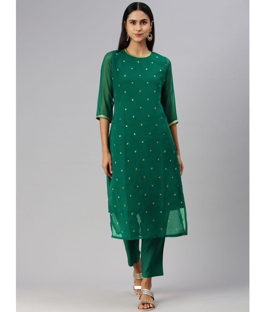     			Aarrah Georgette Self Design Kurti With Pants Women's Stitched Salwar Suit - Green ( Pack of 2 )