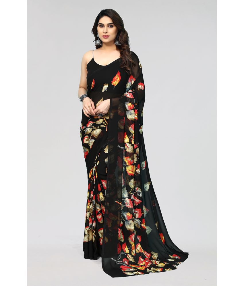     			Anand Sarees Georgette Printed Saree Without Blouse Piece - Black ( Pack of 1 )