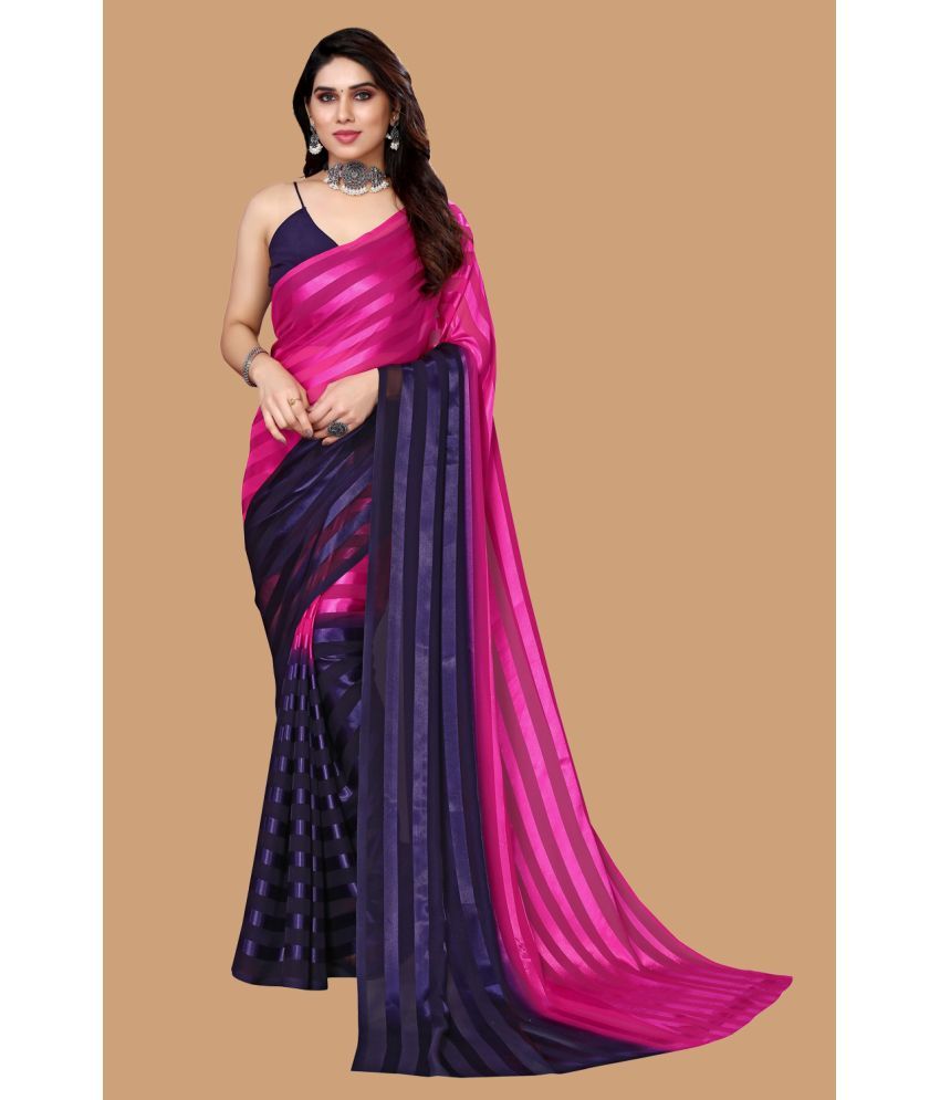     			Kashvi Sarees Satin Striped Saree With Blouse Piece - Pink ( Pack of 1 )