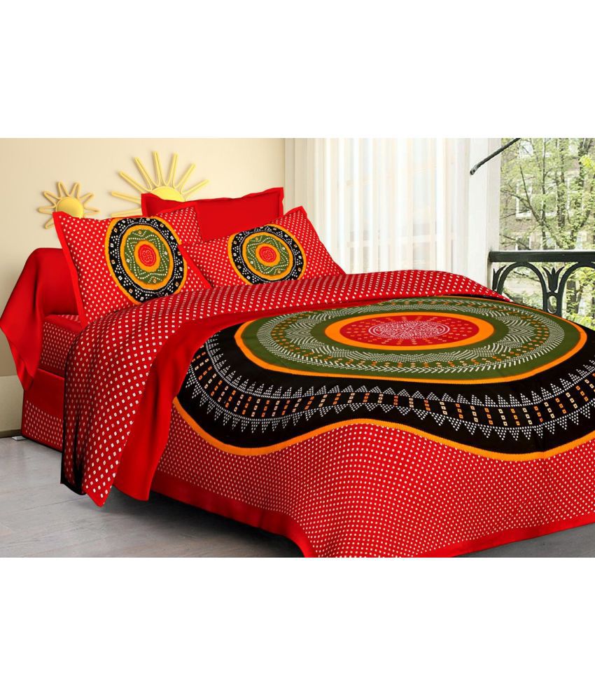     			Angvarnika Cotton Abstract Printed 1 Double Queen Size Bedsheet with 2 Pillow Covers - Red