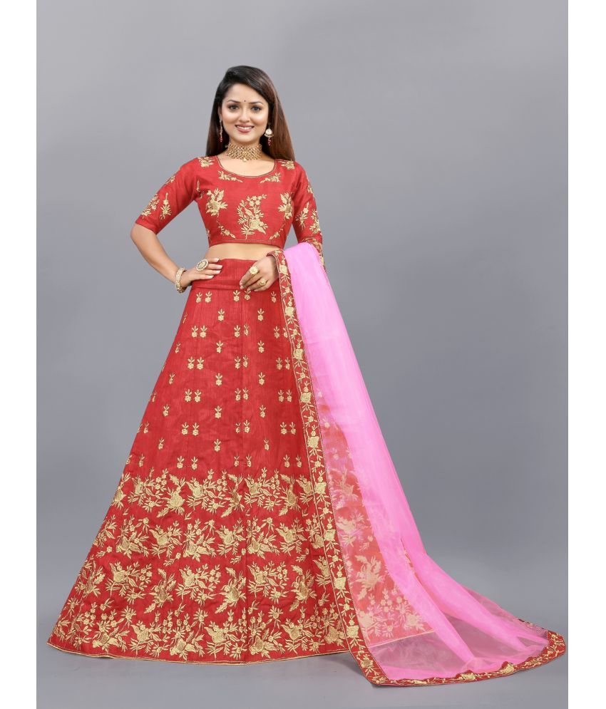     			Apnisha Red Bangalore Silk Unstitched Unstitched Lehenga