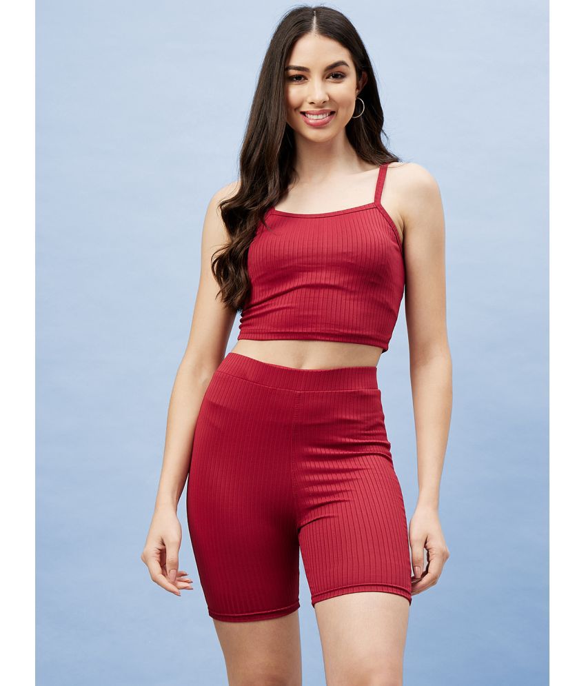     			Chrome & Coral Maroon Solid Shorts Top Set