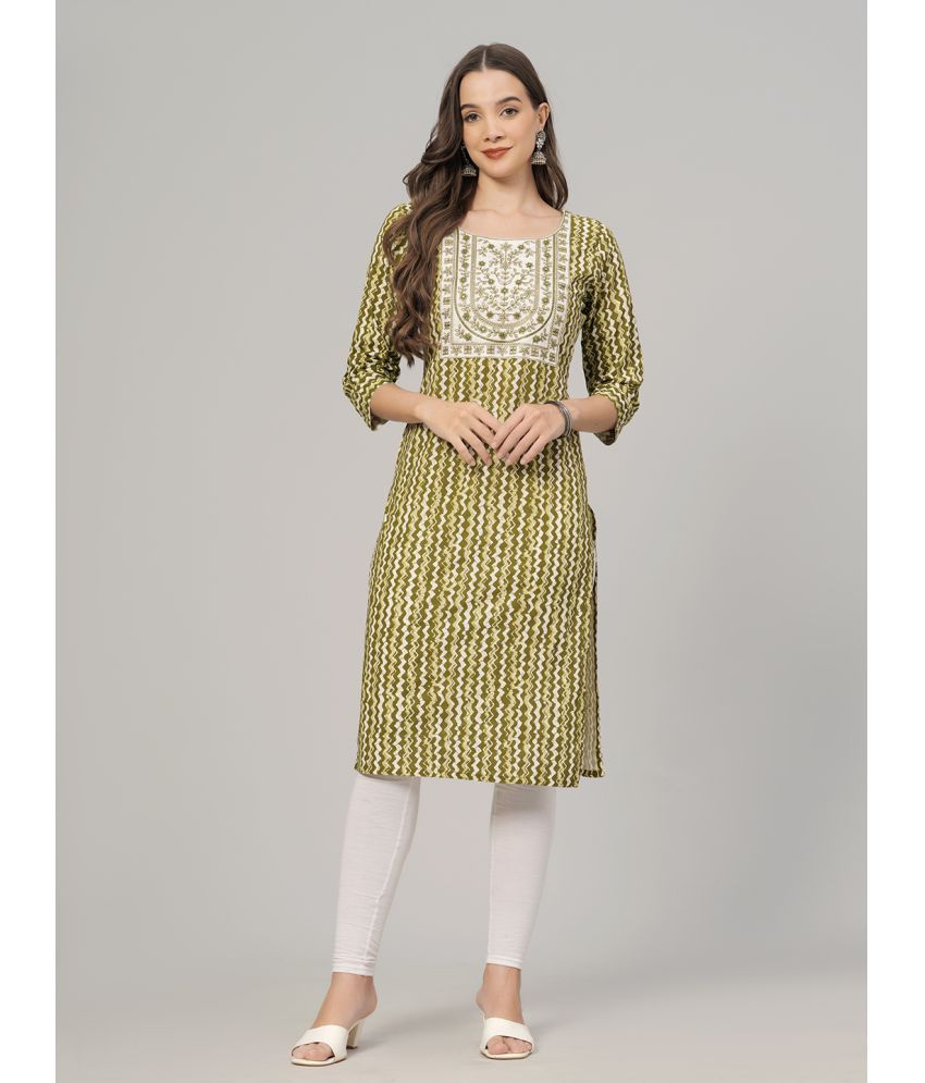     			HIGHLIGHT FASHION EXPORT Cotton Embroidered Straight Women's Kurti - Green ( Pack of 1 )