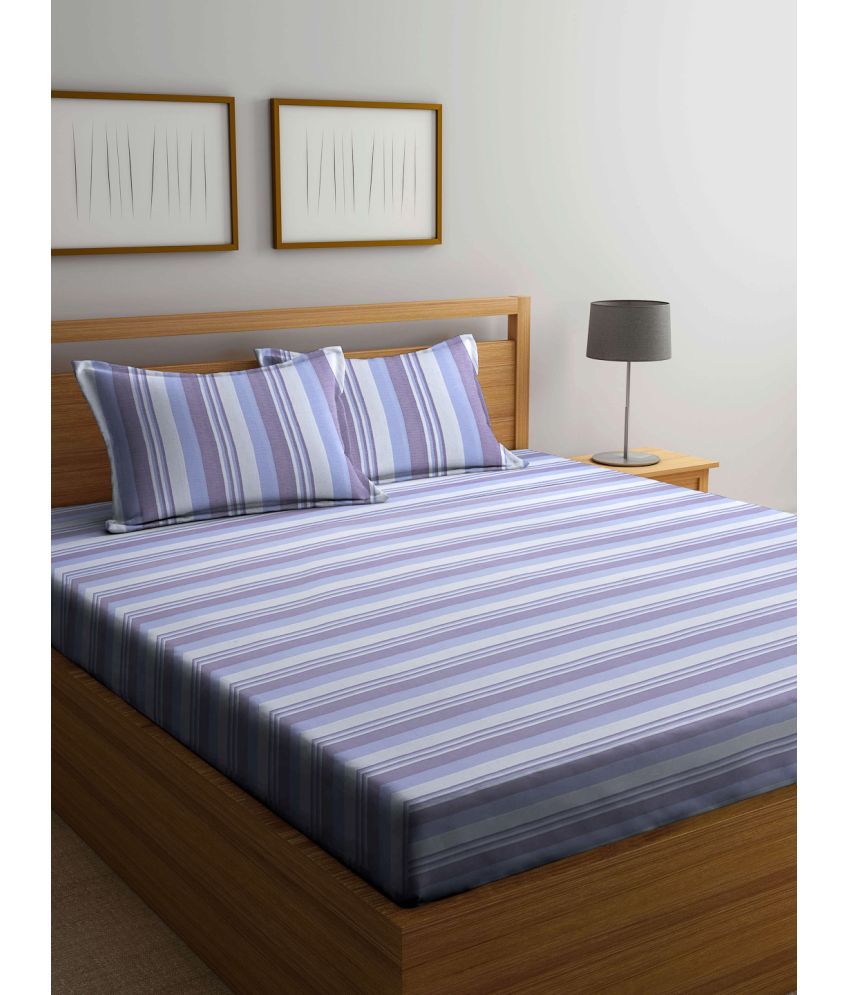     			Klotthe Poly Cotton Horizontal Striped 1 Double Bedsheet with 2 Pillow Covers - Blue