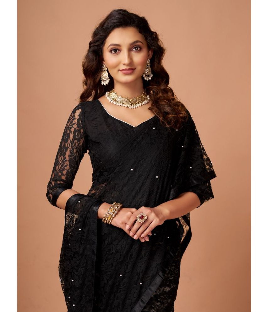     			VERVIZA Net Self Design Saree With Blouse Piece - Black ( Pack of 1 )