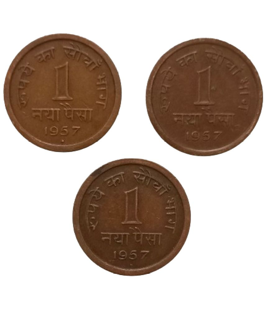     			Extremely Rare 1 Paisa / 1 Naya Paisa 1957 Mumbai, Kolkata, Hyderabad 3 Mints 3 Coins Complete Set