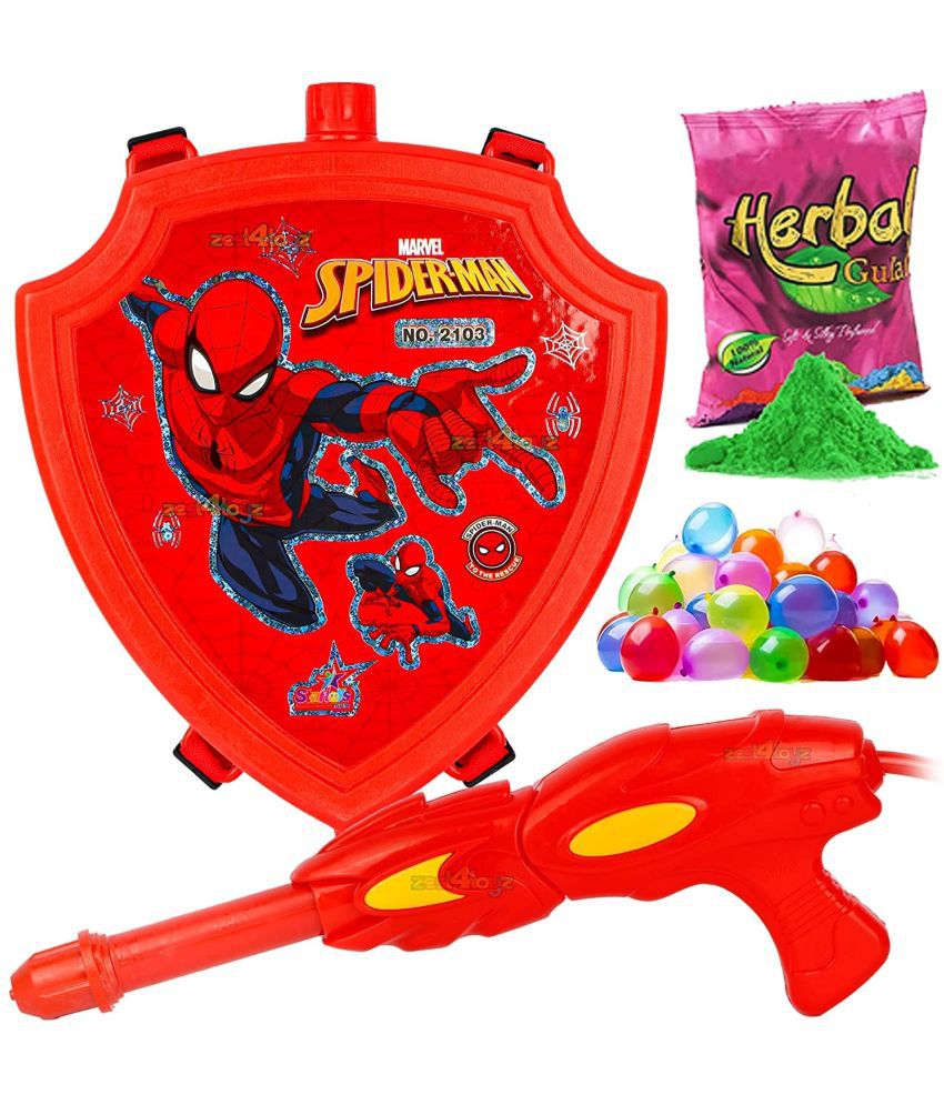     			Zest 4 Toyz Holi Pichkari Watergun for Kids High Pressure Superhero Pichkari Toy with Back Holding Tank Holi Combo of 1 Pkt Gulal Color & 100 Water Balloons for Boys & Girls-Capacity-1.1 LTR