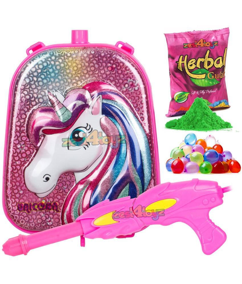     			Zest 4 Toyz Holi Pichkari Watergun for Kids High Pressure Unicorn Pichkari Toy with Back Holding Tank Holi Combo of 1 Pkt Gulal Color & 100 Water Balloons for Boys & Girls-Capacity-5.8 LTR
