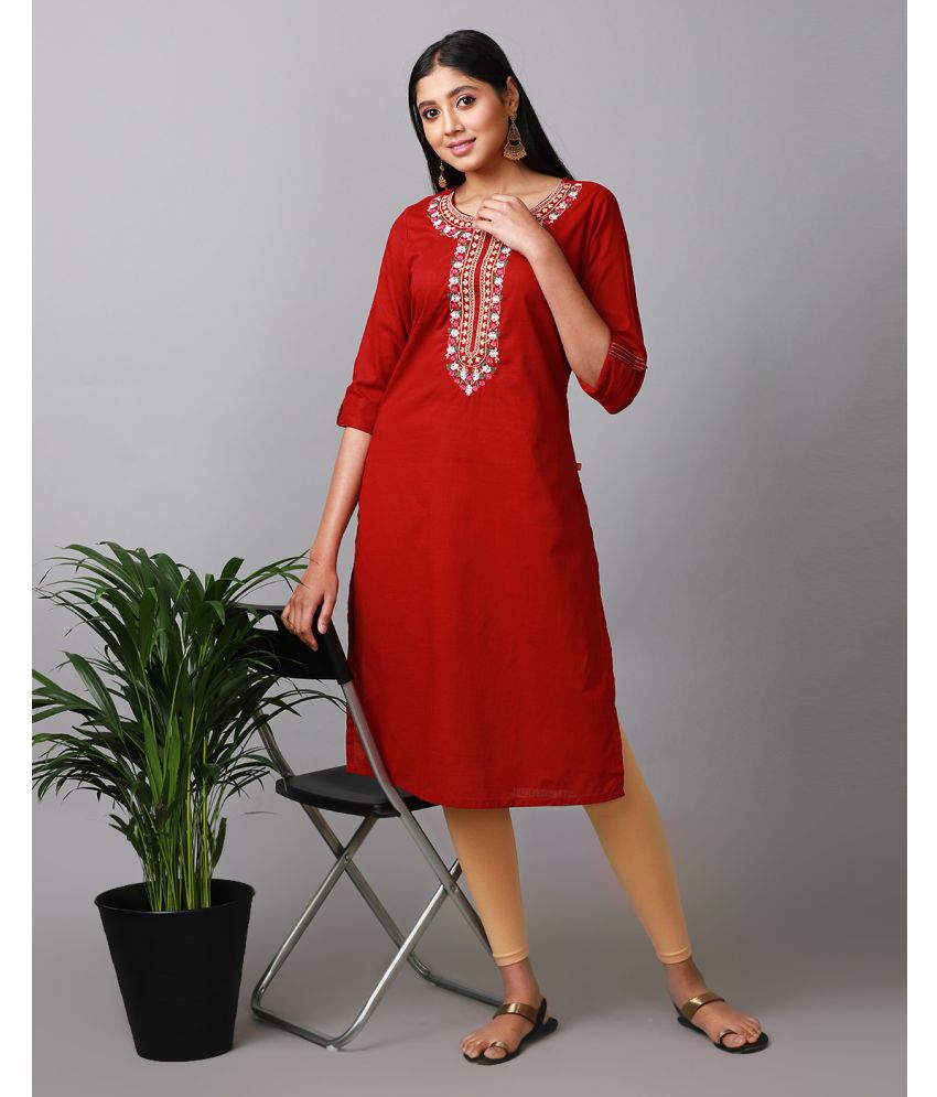     			Alena Cotton Embroidered Straight Women's Kurti - Maroon ( Pack of 1 )