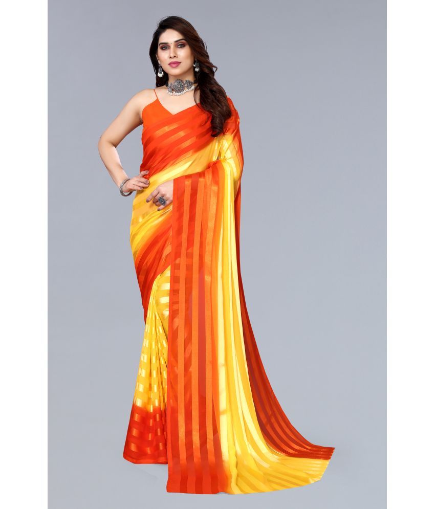     			ANAND SAREES Satin Striped Saree With Blouse Piece - Yellow ( Pack of 1 )