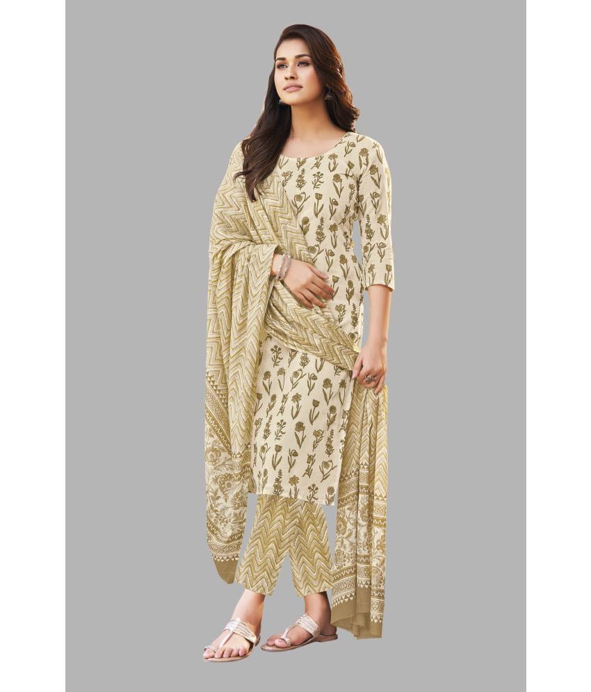     			SIMMU Cotton Printed Kurti With Pants Women's Stitched Salwar Suit - Beige ( Pack of 1 )