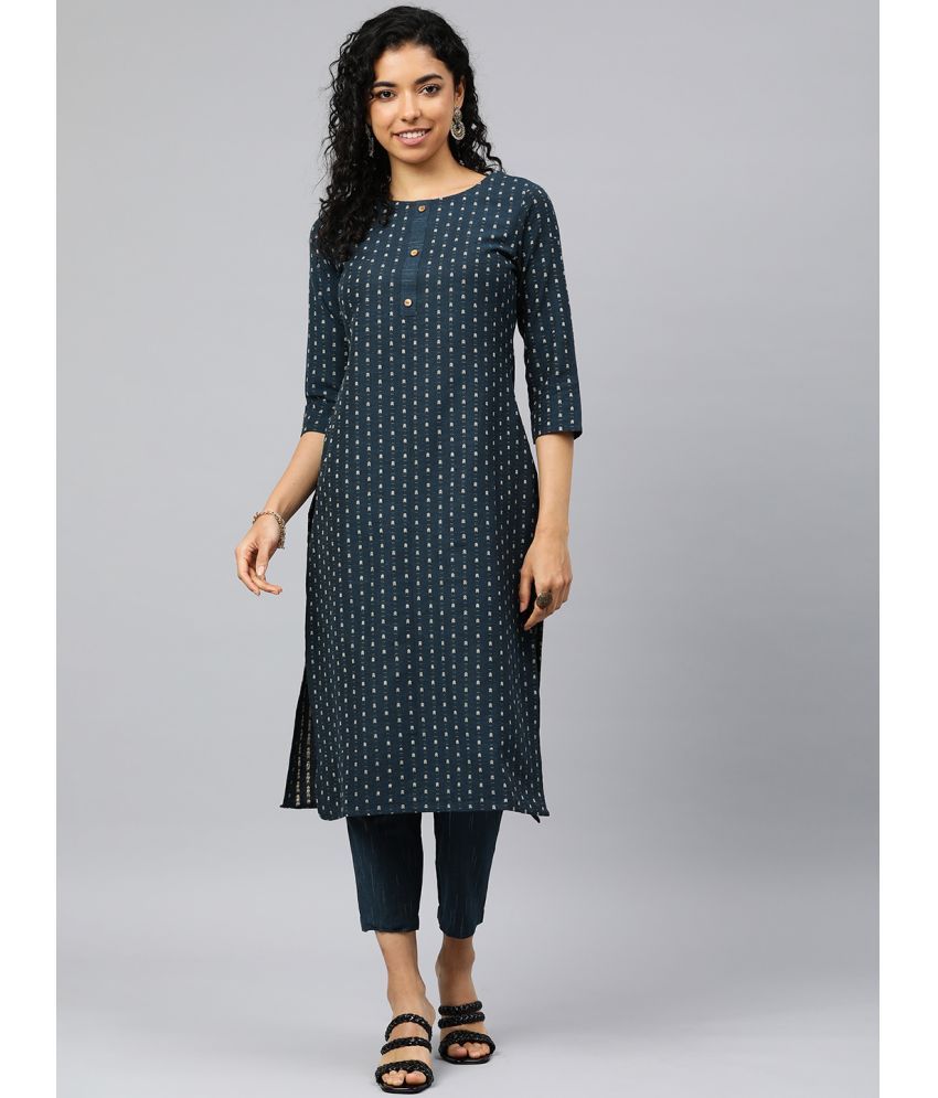     			Shaily Cotton Blend Self Design Kurti With Pants Women's Stitched Salwar Suit - Navy ( Pack of 2 )