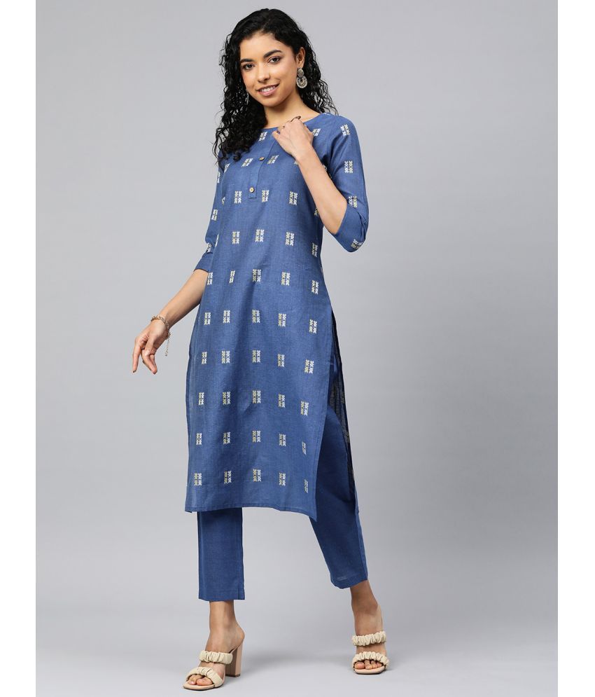     			Shaily Cotton Blend Self Design Kurti With Pants Women's Stitched Salwar Suit - Blue ( Pack of 2 )