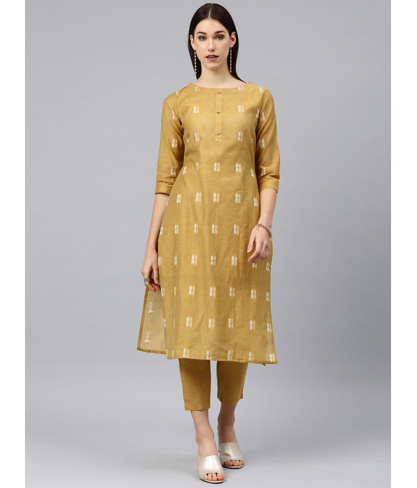     			Shaily Cotton Blend Self Design Kurti With Pants Women's Stitched Salwar Suit - Mustard ( Pack of 2 )