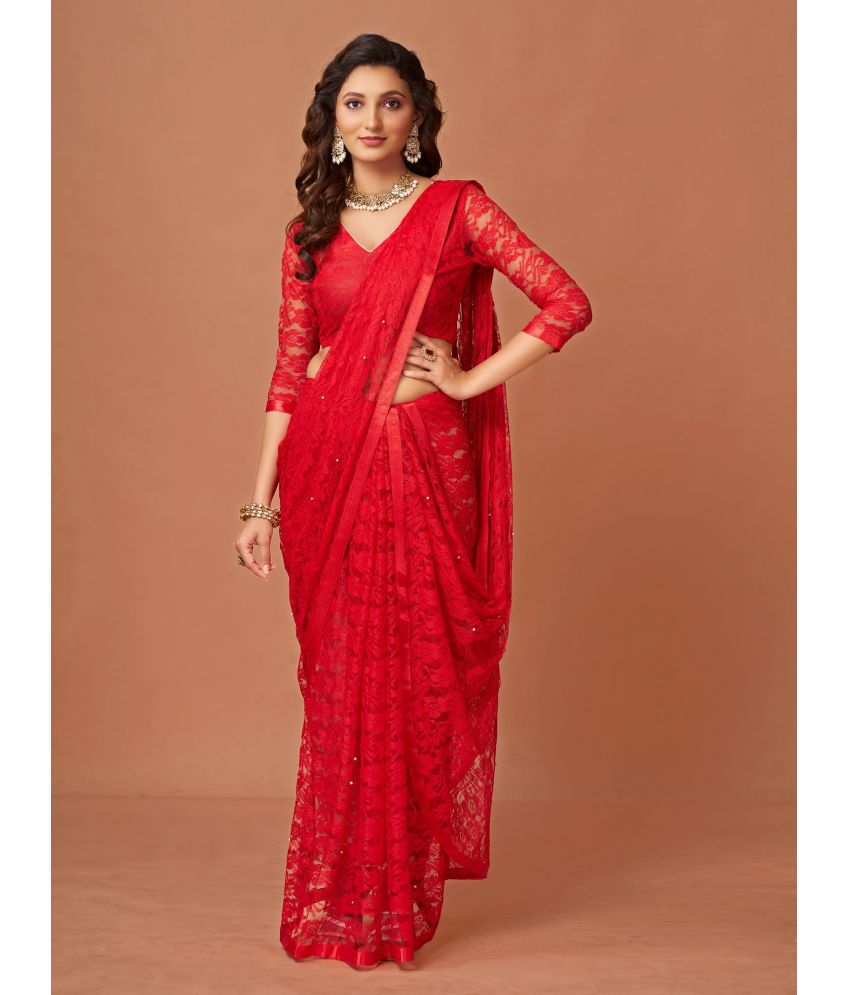     			VERVIZA Net Printed Saree Without Blouse Piece - Red ( Pack of 1 )