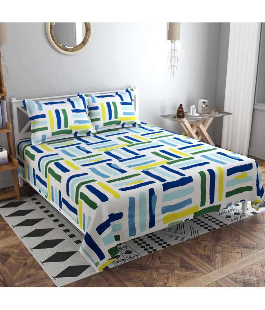     			VORDVIGO Glace Cotton Geometric 1 Double Bedsheet with 2 Pillow Covers - White