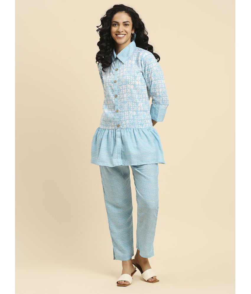     			gufrina Cotton Printed Kurti With Pants Women's Stitched Salwar Suit - Light Blue ( Pack of 1 )